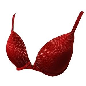Victoria’s Secret 34DD Push-Up Bra Red With Gold Polka Dots Front Center V Charm